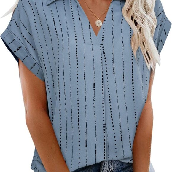 Women's Summer V Neck Short Sleeve Lapel Blouse in Blue Gray Stripe - Large - Picture 1 of 6